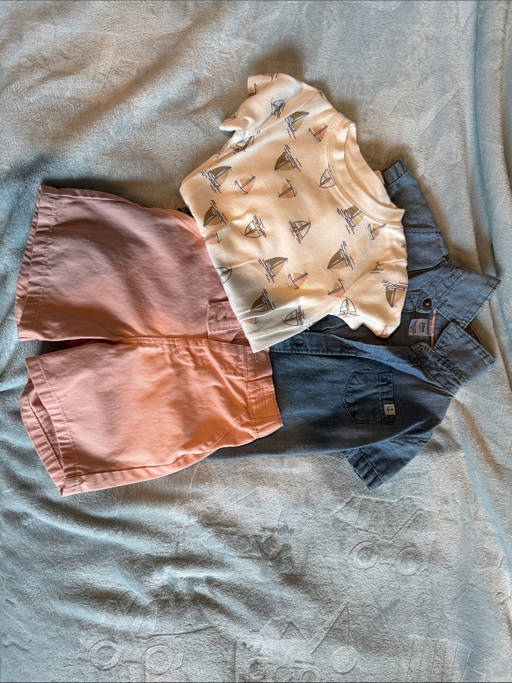 Carter's Boys 3-Piece Set - Pink Shorts, Blue Shirt, Cream Sailboat Tee